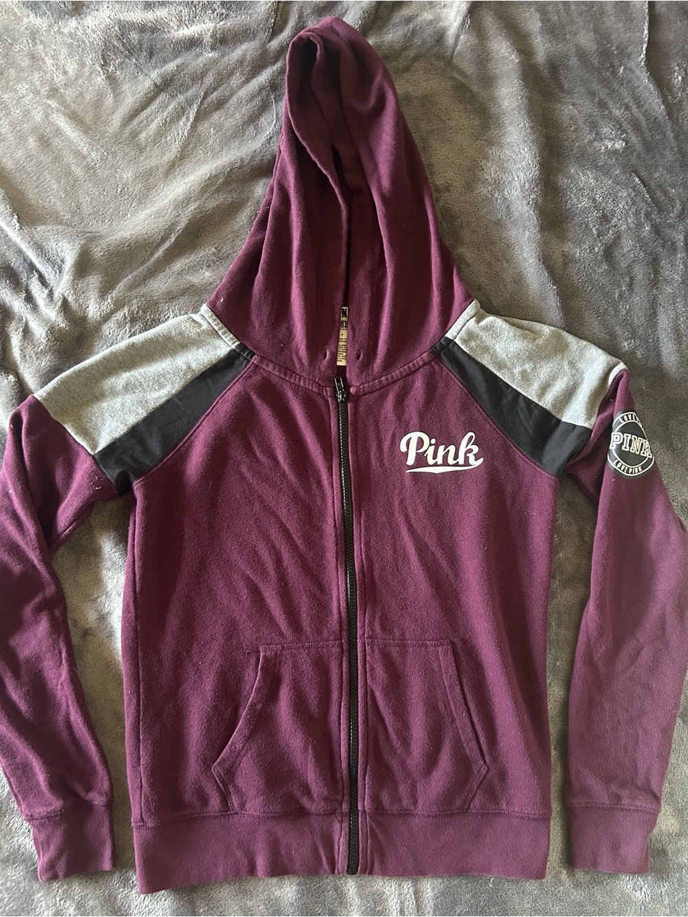 PINK Victoria's Secret Maroon Zip-Up Hoodie with Gray and Black Accents